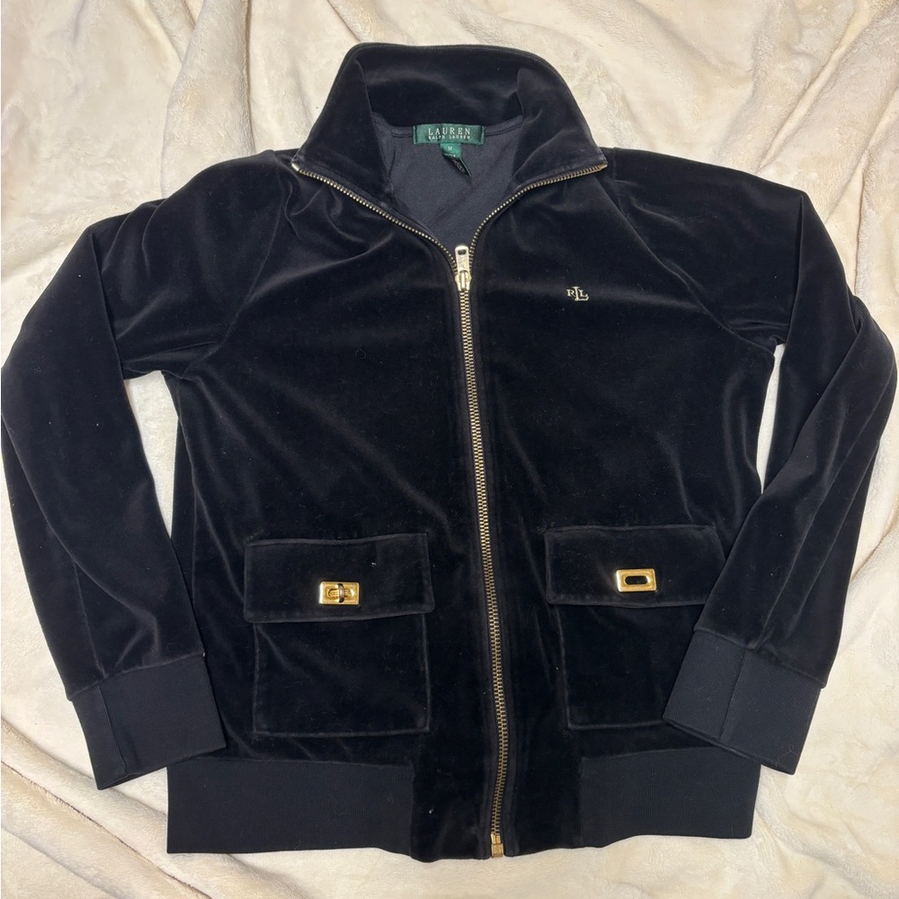 RALPH LAUREN Black Solid Gold Tone Women Velvet Sweat Jacket Size M